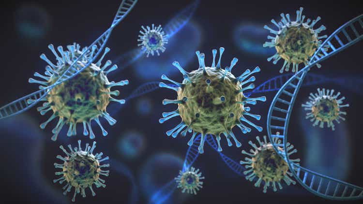 Green and blue coronavirus cells under magnification intertwined with DNA cell structure
