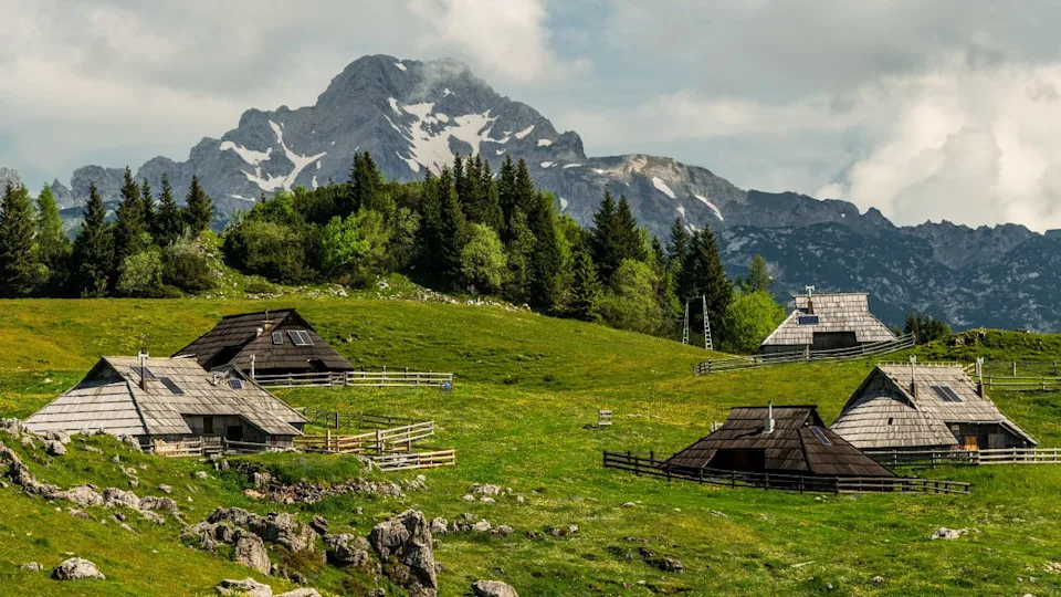 Velika Planina or Great plateau, Slovenia highlands with architecture of wooden huts and barns
