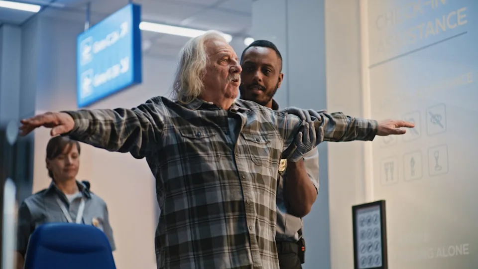 Security Checkpoint in Airport Terminal: African American Security Officer Inspecting Elderly Man Getting Up from Wheelchair. Screening Procedures for Boarding Flight. Senior Tourist with Disability.