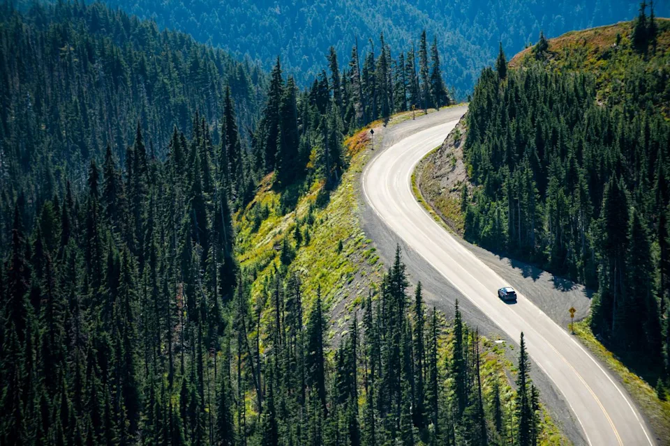 Carmen Martínez Torrón/Getty Images A car driving through Mount Rainier National Park.