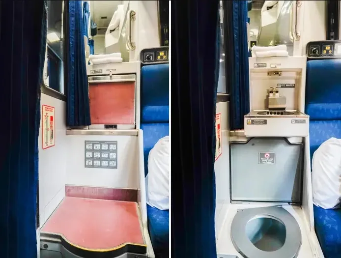 Side-by-side view of an Amtrak roomette bathroom with the toilet concealed and revealed.