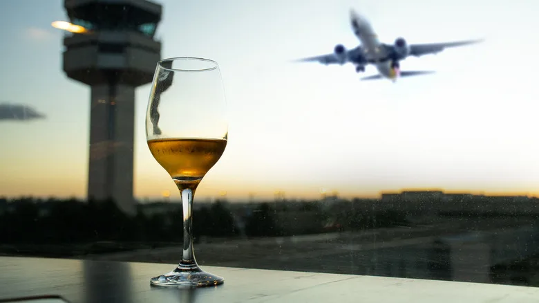 Glass of white wine with an airplane and control tower out of focus in the background