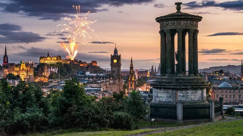 Fireworks over the Edinburgh skyline in Scotland