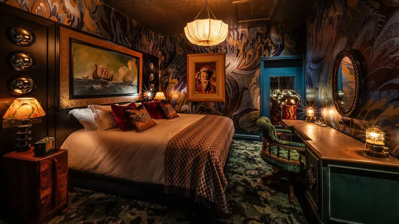 a dimly lit and uniquely-decorated room in the Ardbeg House