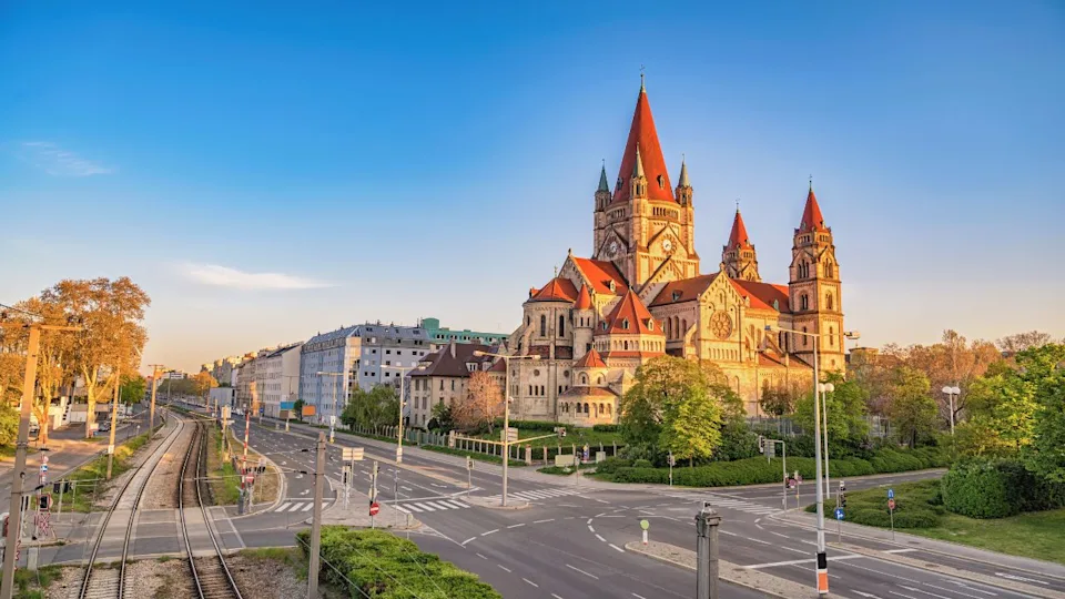 Vienna Austria city skyline at St. Francis of Assisi Church