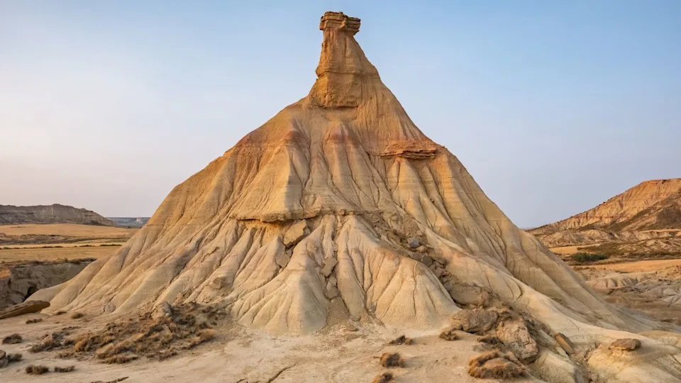 Badlans of Navarre dessert at the south of Basque Country, northern Spain. Aerial view of the moonscape of Bardenas Reales de Navarra at sunset
