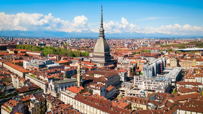 An aerial view of the city of Turin, Italy's rooftops and scenery