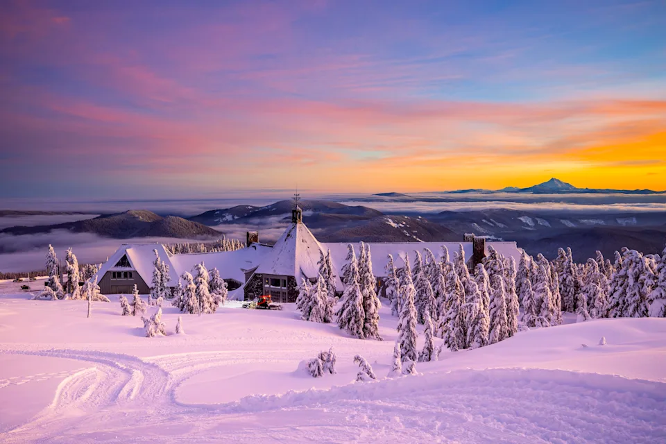 Timberline Lodge offers a cozy place to warm up amidst the snowy slopes on Mt. Hood.
