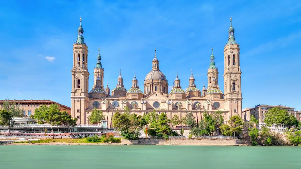 Zaragoza, Spain. View of baroque Basilica de Nuestra Senora del Pilar on sunny day