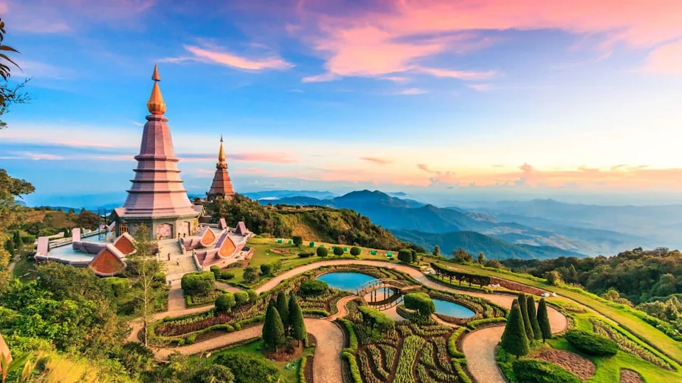 Landmark landscape pagoda in doi Inthanon national park at chiang mai Thailand, They are public domain or treasure of Buddhism, no restrict in copy or use