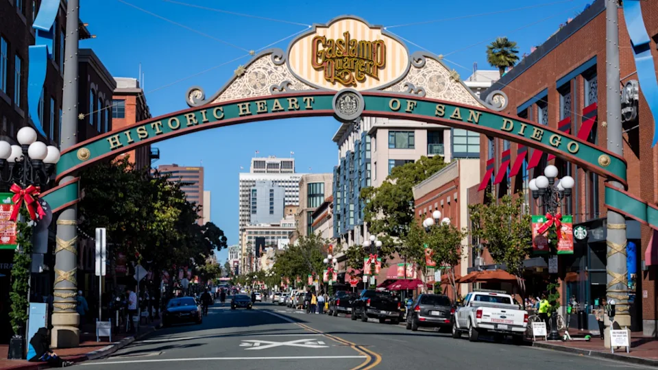 People and their pets celebrate holidays at the Gaslamp Pets parade, San Diego, California, USA, on 12 15th, 2019