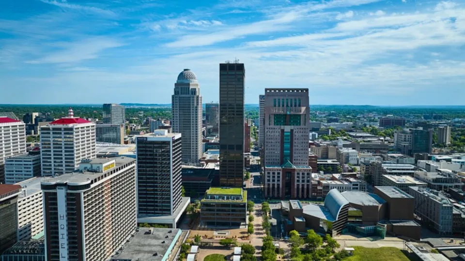 _Aerial skyscraper buildings heart of downtown aerial Louisville Kentucky USA