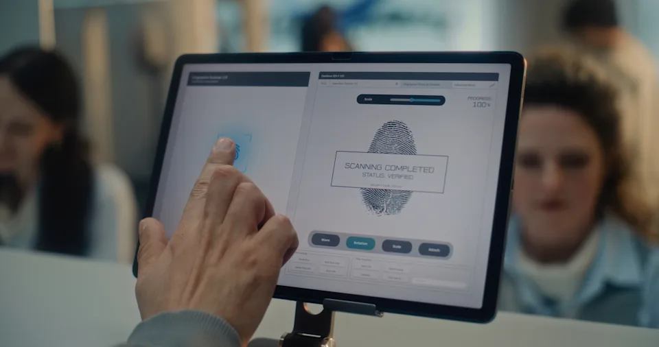 Airport Check-in Counter: Close Up of Man Putting Finger on Digital Tablet Touch Screen for Fingerprint Scanning. Female Airline Agent Checking Passenger Biometric Data for Flight. Airport Terminal.