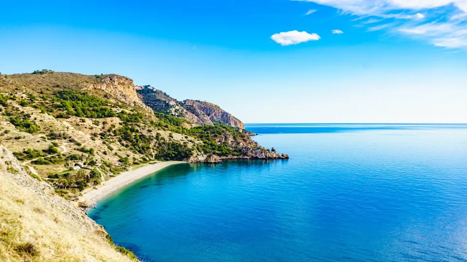Coast seaside landscape in Andalusia. Cliffs of Maro Cerro Gordo Natural Park, near Nerja, Malaga province, Costa Del Sol, Spain.