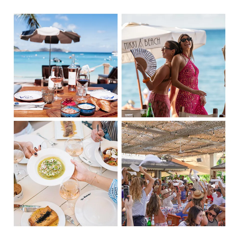 dining experience at a beachside restaurant with food and drinks