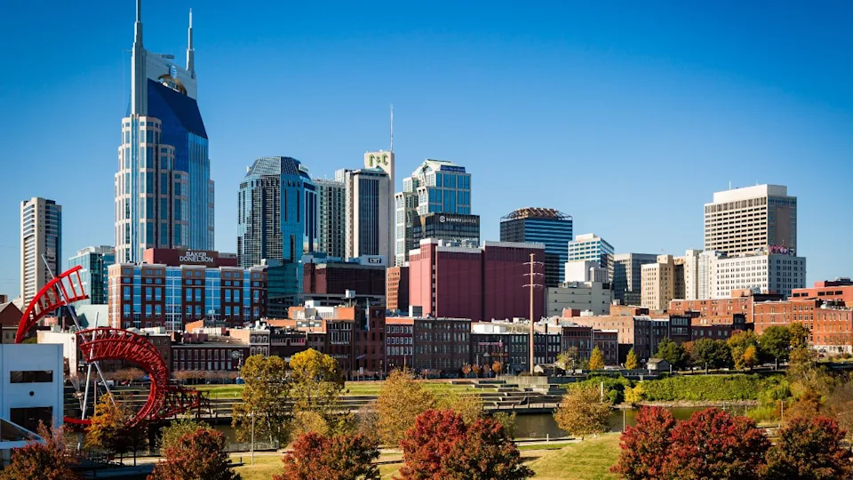 NASHVILLE - NOV 7: Downtown Nashville basks in the sun of a gorgeous November 7, 2013 fall day. Our vantage point is from East Nashville, just across the Cumberland River from downtown.
