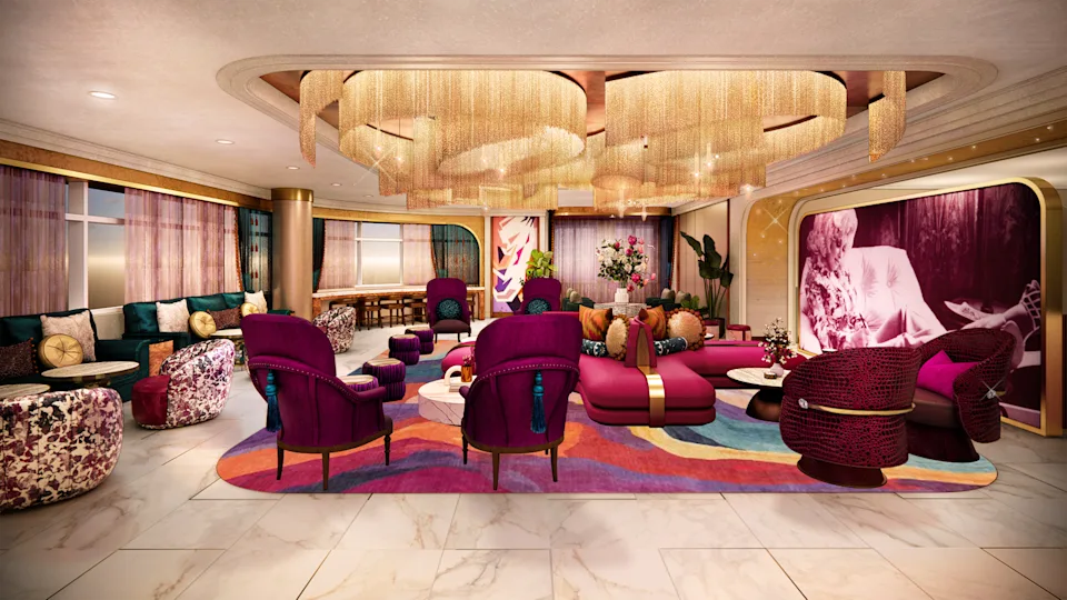 Marble floors, pink furnishings, dangling chandeliers, and a giant picture of Dolly on the wall of the Listening Lobby