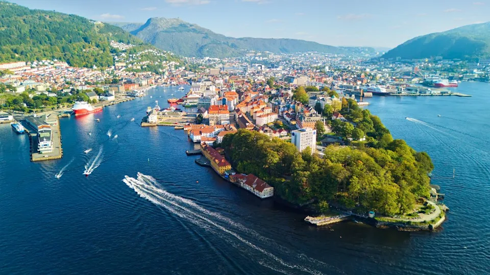 Bergen old town and Nordnes peninsula, aerial view, Norway
