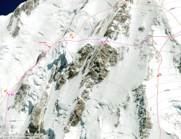 Routes marked on a somital picture of Nanga Parbat.