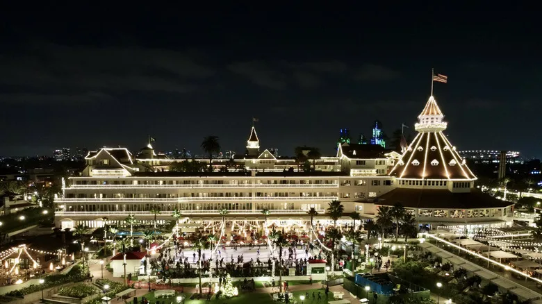Exterior night view of Christmas lights at the Hotel Del Coronado in San Diego, California.