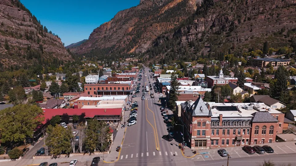 SEPTEMBER 2024, OURAY COLORADO - aerial view off Highway 550 looking down on Main Street Ouray Colorado