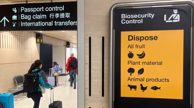 Sign directing passengers to dispose of food in an airport, with passengers in the background