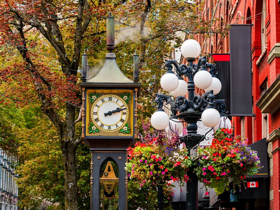 A close-up of the Gastown Steam Clock in Vancouver.