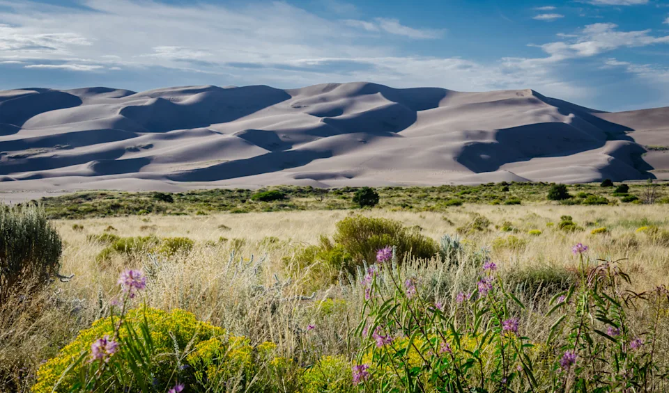 Great Sand Dunes National Park, Colorado, USA. Beautiful scenic majestic sand dunes and mountain peaks. Travel destination location for camping, hiking, relaxing and enjoying natures beautiful landscape.