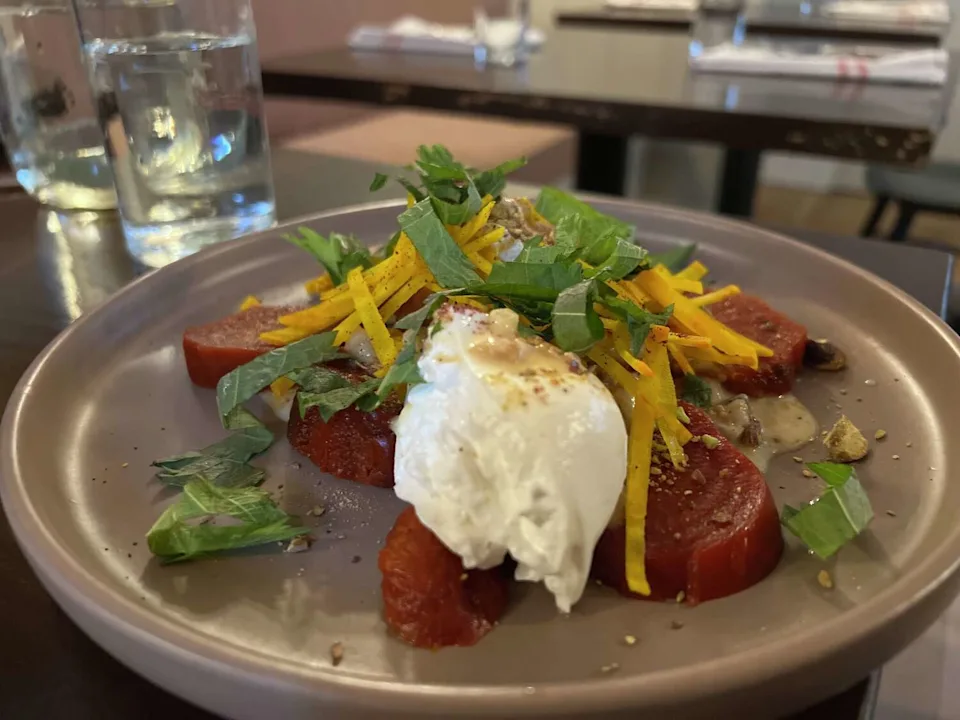 Badger flame beets with burrata at Pink House in West Cornwall. (Erik Ofgang/For Hearst Connecticut Media)