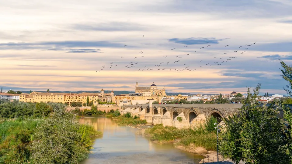 View of Mezquita, Catedral de Cordoba, across the roman bridge on Guadalquivir river. A former Moorish Mosque that is now the Cathedral of Cordoba. Cordoba, Spain.