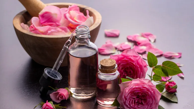 Rose essential oil tincture dropper with rose petals surrounding a bowl filled with petals