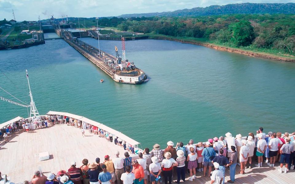 Passengers on ship in the Panama Canal
