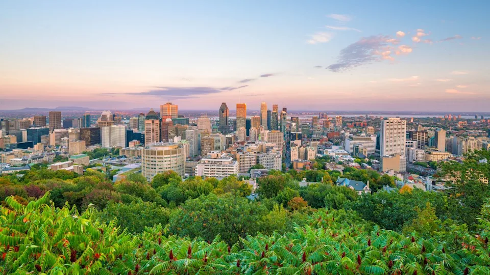 Panoramic skyline view of downtown Montreal from top view at sunset in Canada