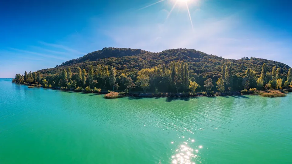 Aerial panoramic view of Balaton lake and Tihany peninsula on a sunny day. Balaton Uplands National Park Hungary in autumn