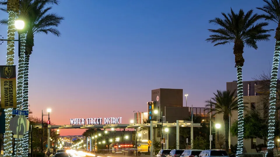 Henderson, FEB 10: Sunset view of the beautiful Water Street District on FEB 10, 2020 at Henderson, Nevada