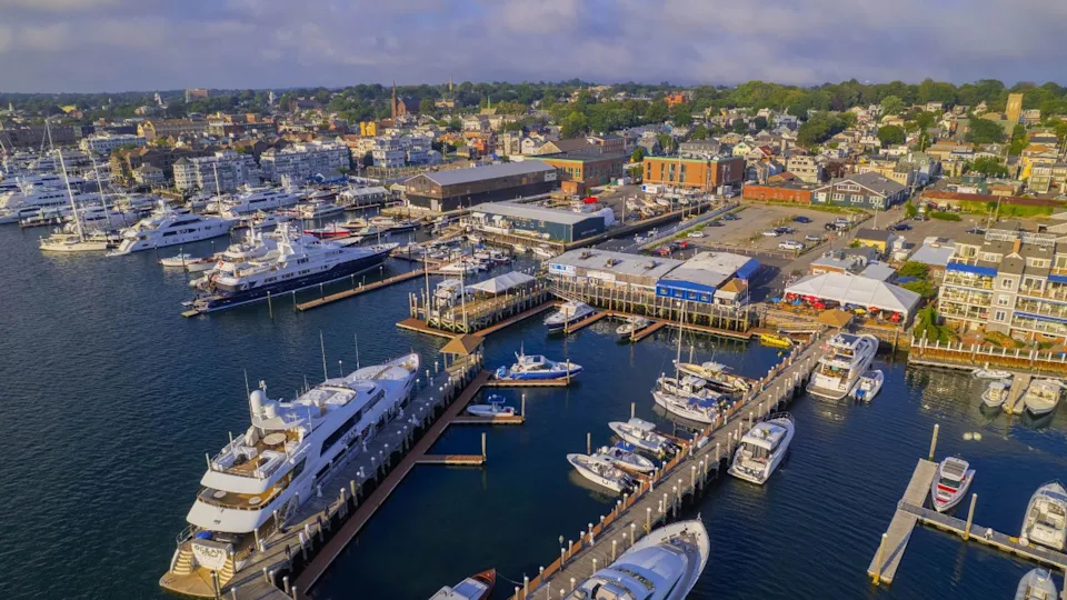 An aerial closeup of a harbor with ships docked in Newport, Rhode Island, America
