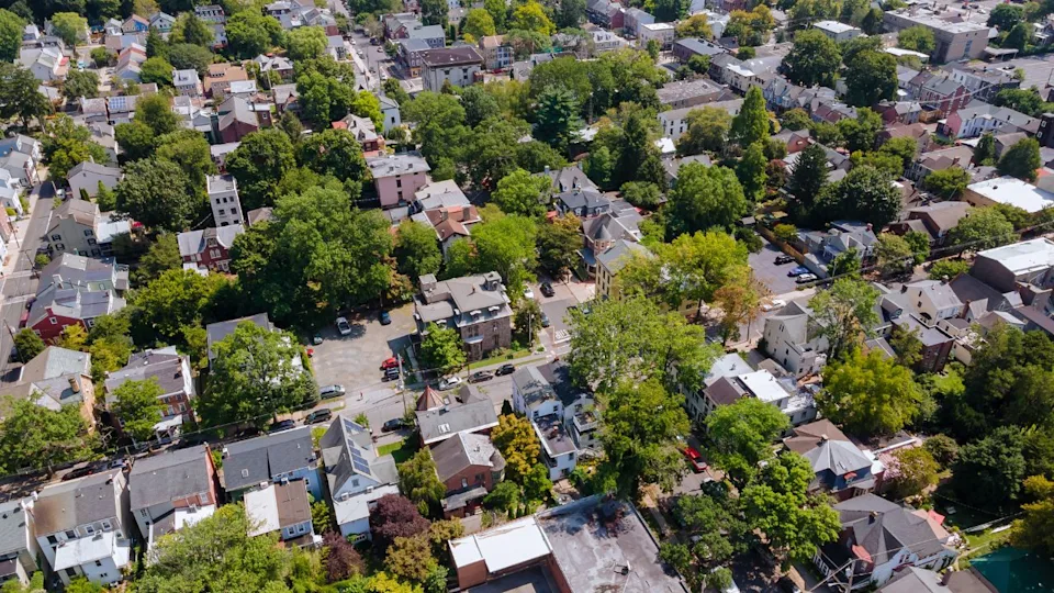 Panoramic view of a neighborhood in roofs of houses of residential area of Lambertville NJ USA near the historic city New Hope Pennsylvania