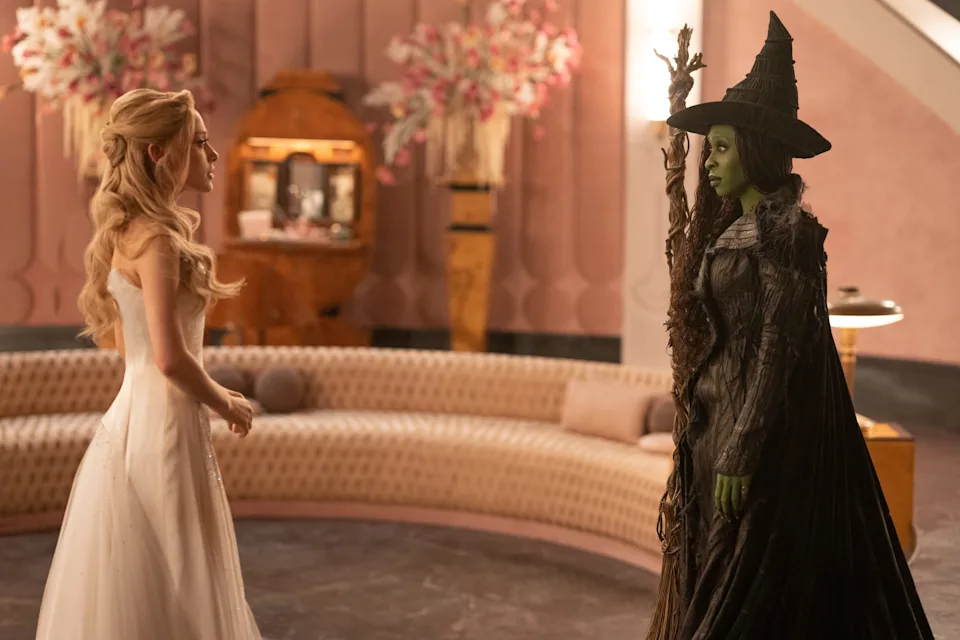 L to R: Ariana Grande is Glinda and Cynthia Erivo is Elphaba in WICKED FOR GOOD, directed by Jon M. Chu.