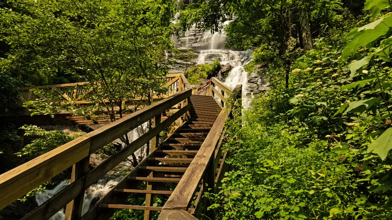 wooden steps leading up to Amicalola Falls in Amicalola Falls State Park in Dawsonville, Georgia