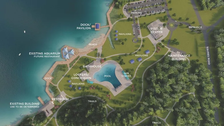 Concept drawing of the new Aurora Park, showing the lake shore, pool, and other roads and buildings