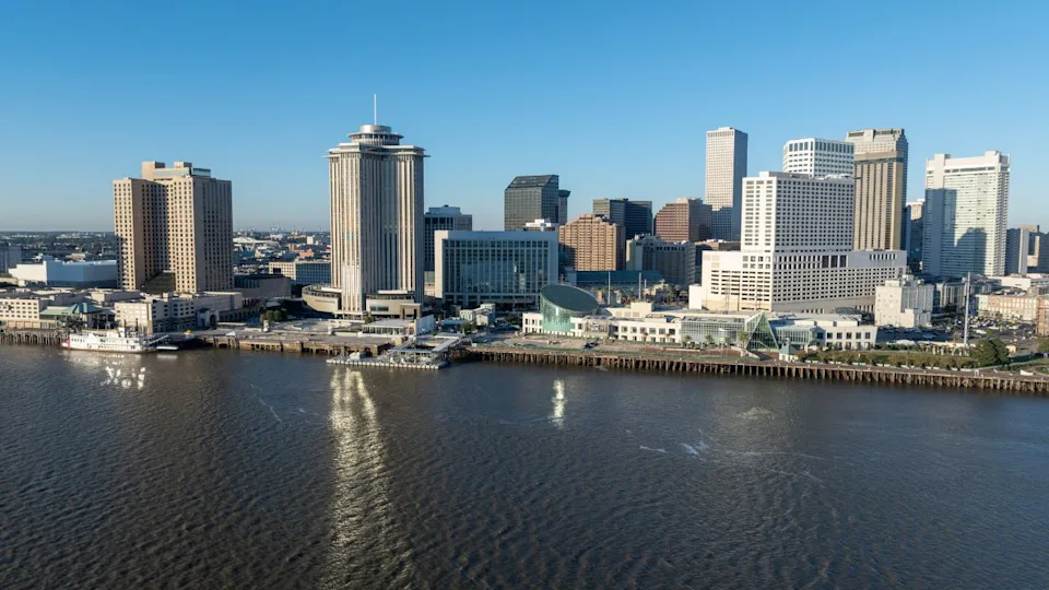 Aerial skyline view of New Orleans, Louisiana on a bright winter morning.