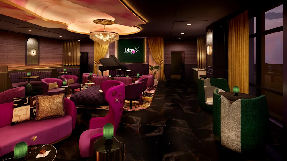 Dark pinks, purples, and velvet couches at Jolene's