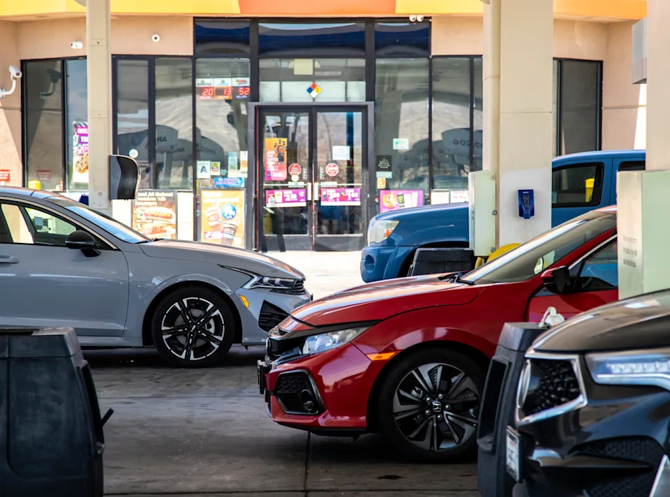 Drivers fill up at a Desert Hot Springs gas station in a file photo.