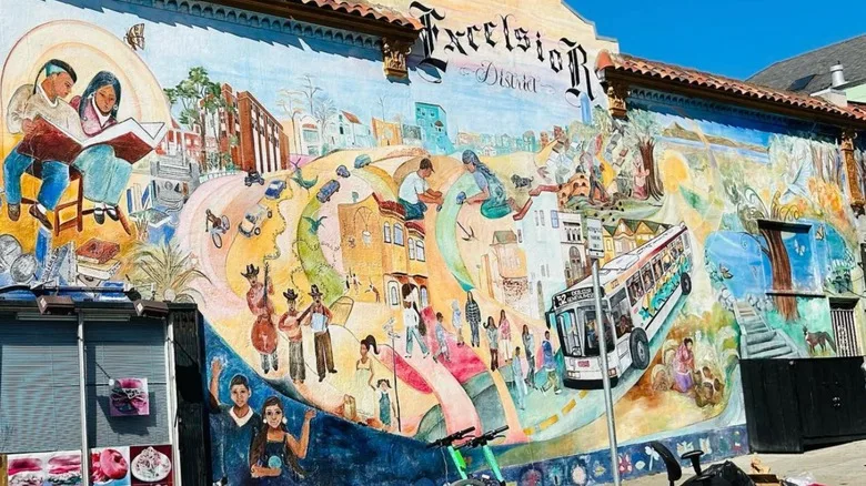 The colorful Excelsior District mural on a sunny day