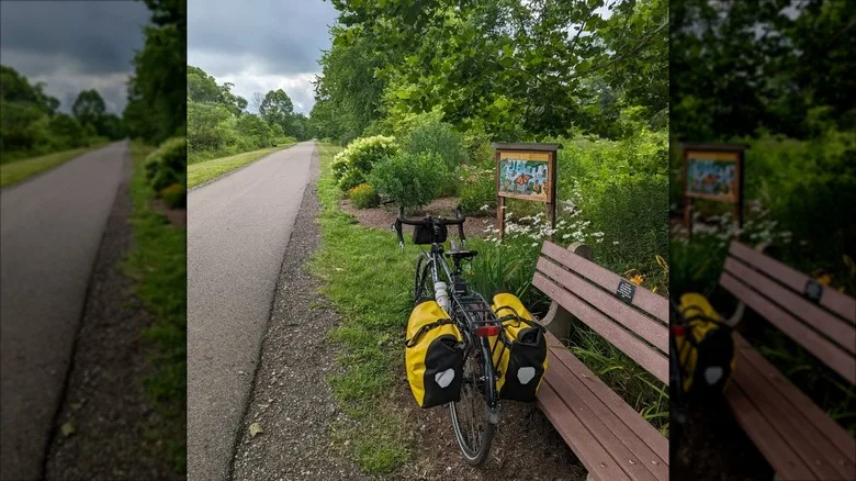 Bike next to bench along Conotton Creek Trail in Scio