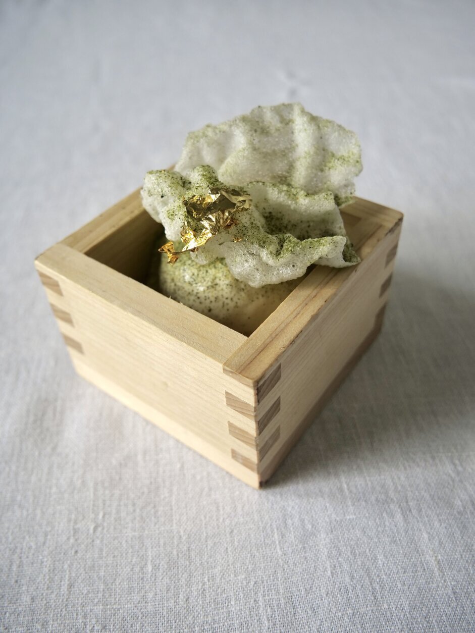 Genmaicha, green tea and puffed brown rice-flavored ice cream with gold leaf.