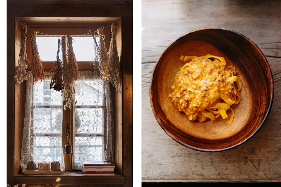 From left: Valeria Bismar/El Brite de Larieto; Chantal Arnts/El Brite de Larieto From left: Dried flowers in a window at El Brite de Larieto; the restaurant's tagliatelle with sausage ragù.