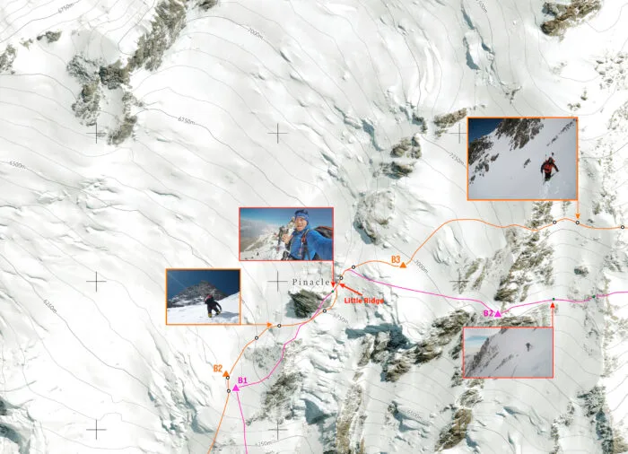 Routes marked on a somital picture of Nanga Parbat.