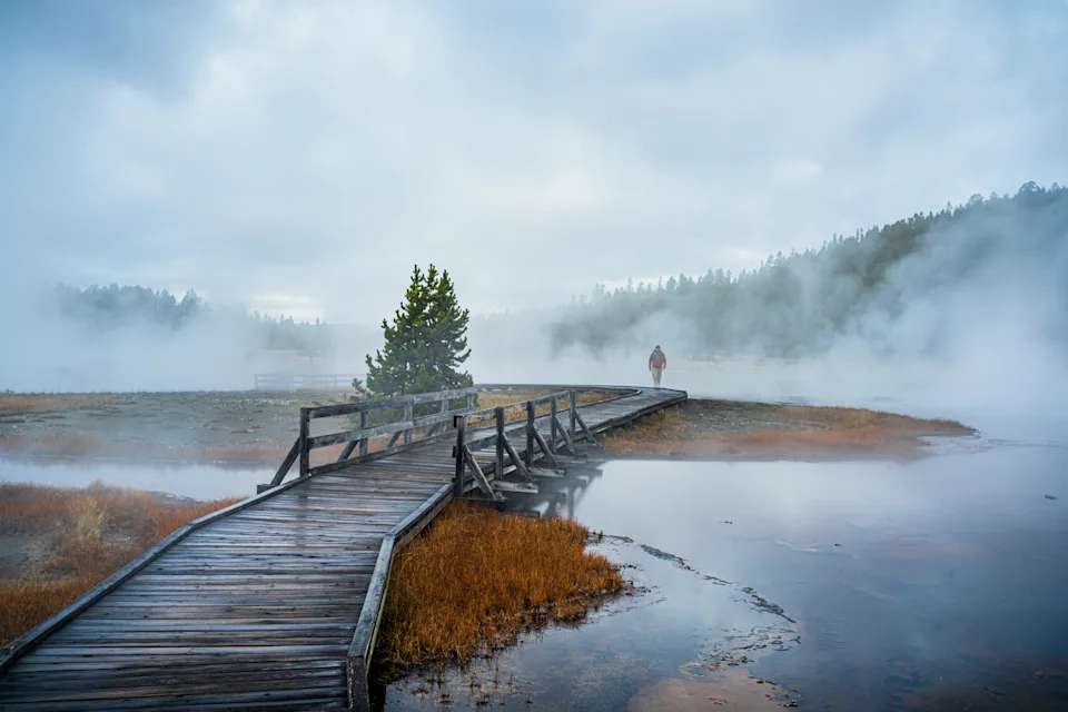 Foggy Yellowstone Morning Walk in Yellowstone National Park, Wyoming, reveals a visitor traversing a wooden bridge amidst geothermal activity. The scene captures the ethereal beauty of the park's unique landscape.