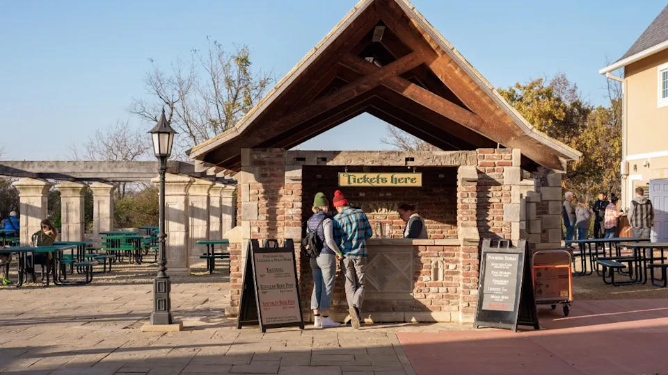 New Glarus, WI/USA - 10-27-2019: Enjoying beer at an outdoor beer garden